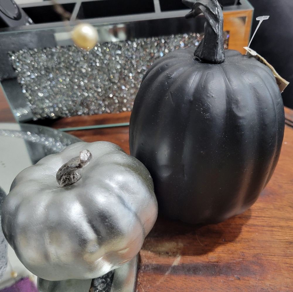 Black and Silver Decorative Pumpkins, Set of 2